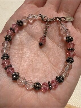 Sterling Silver 925 Pink Crystal Bead Bracelet 6.5’-7.25’ adjustable